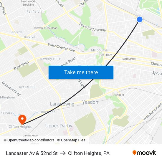Lancaster Av & 52nd St to Clifton Heights, PA map