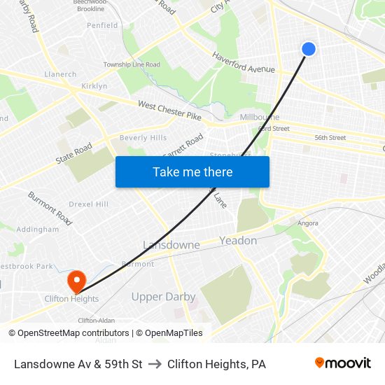 Lansdowne Av & 59th St to Clifton Heights, PA map