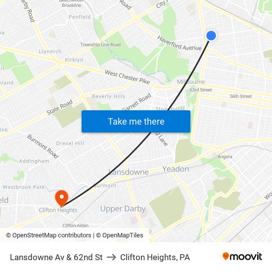 Lansdowne Av & 62nd St to Clifton Heights, PA map