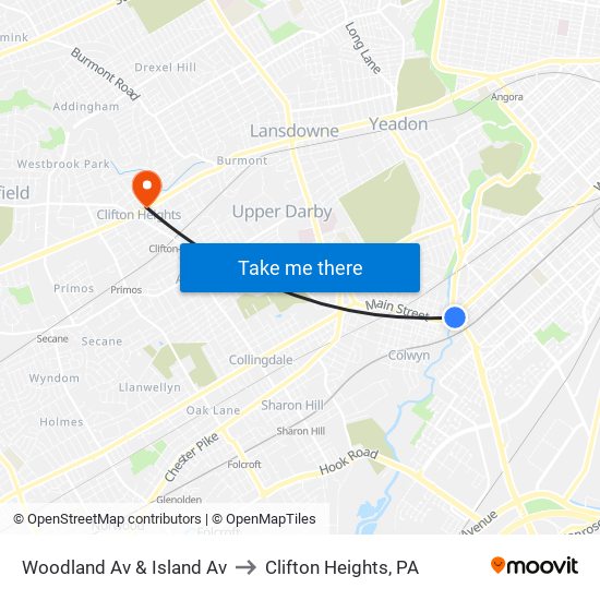 Woodland Av & Island Av to Clifton Heights, PA map