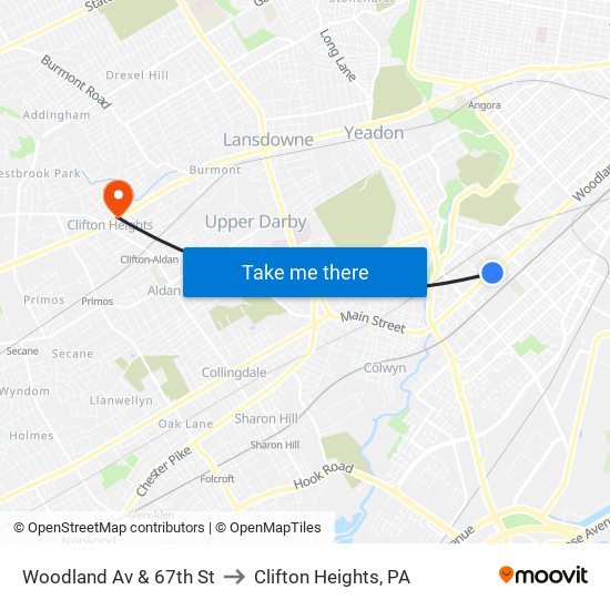 Woodland Av & 67th St to Clifton Heights, PA map