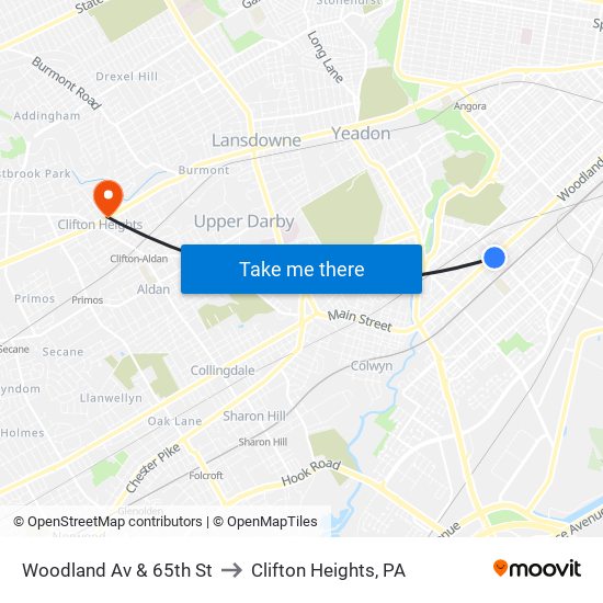 Woodland Av & 65th St to Clifton Heights, PA map