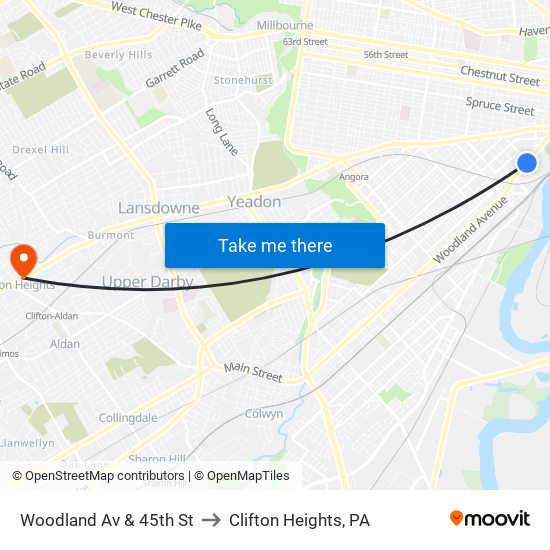 Woodland Av & 45th St to Clifton Heights, PA map