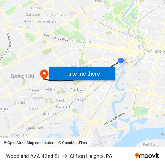 Woodland Av & 42nd St to Clifton Heights, PA map
