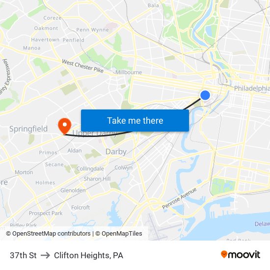 37th St to Clifton Heights, PA map