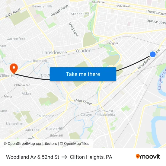 Woodland Av & 52nd St to Clifton Heights, PA map