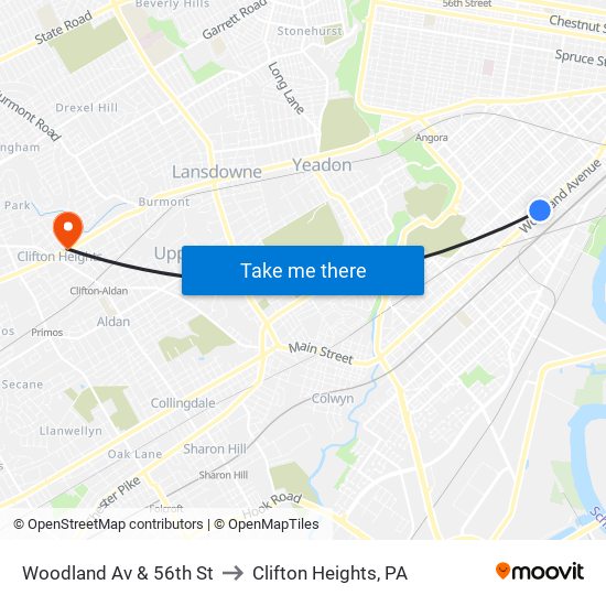 Woodland Av & 56th St to Clifton Heights, PA map