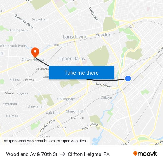 Woodland Av & 70th St to Clifton Heights, PA map
