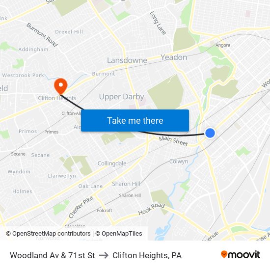 Woodland Av & 71st St to Clifton Heights, PA map