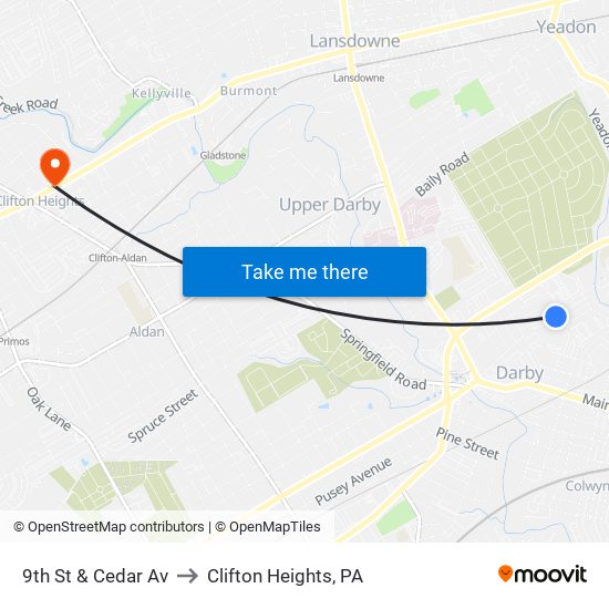 9th St & Cedar Av to Clifton Heights, PA map