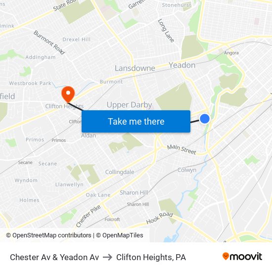 Chester Av & Yeadon Av to Clifton Heights, PA map