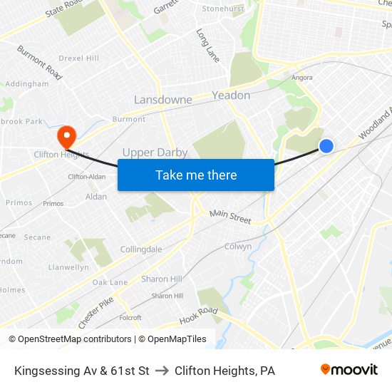 Kingsessing Av & 61st St to Clifton Heights, PA map