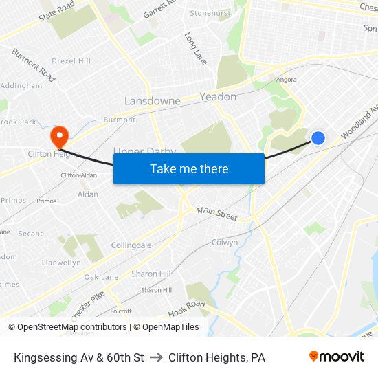 Kingsessing Av & 60th St to Clifton Heights, PA map