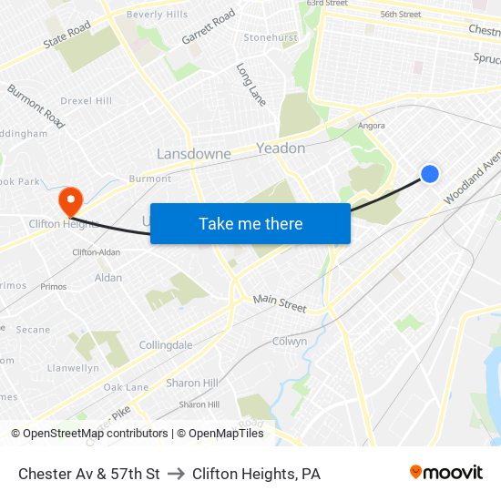 Chester Av & 57th St to Clifton Heights, PA map