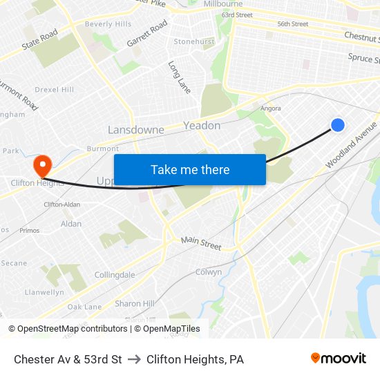 Chester Av & 53rd St to Clifton Heights, PA map