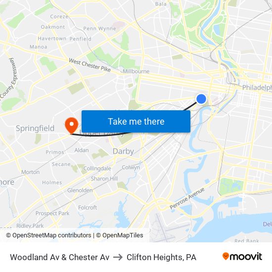 Woodland Av & Chester Av to Clifton Heights, PA map