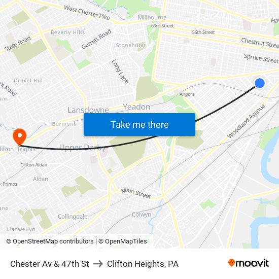 Chester Av & 47th St to Clifton Heights, PA map