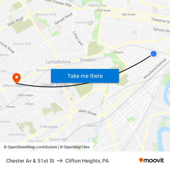Chester Av & 51st St to Clifton Heights, PA map