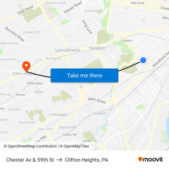 Chester Av & 59th St to Clifton Heights, PA map