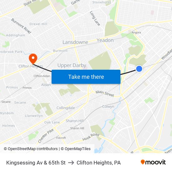Kingsessing Av & 65th St to Clifton Heights, PA map