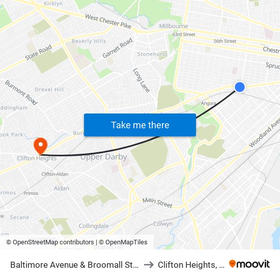Baltimore Avenue & Broomall Street to Clifton Heights, PA map