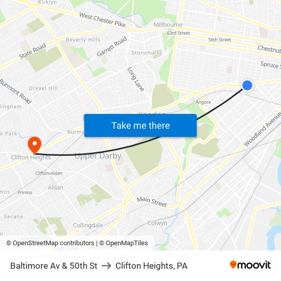 Baltimore Av & 50th St to Clifton Heights, PA map
