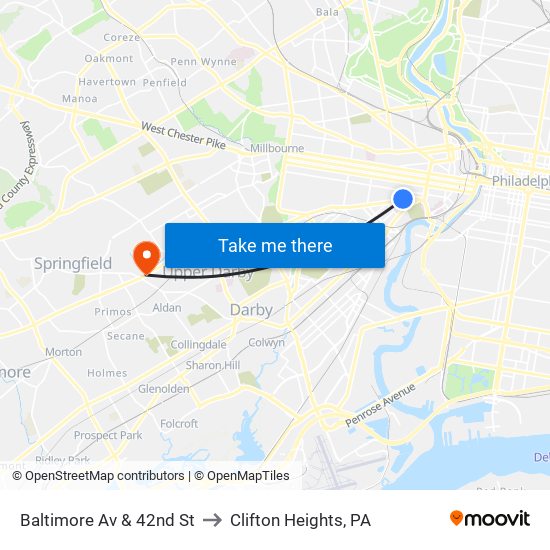 Baltimore Av & 42nd St to Clifton Heights, PA map