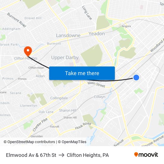Elmwood Av & 67th St to Clifton Heights, PA map