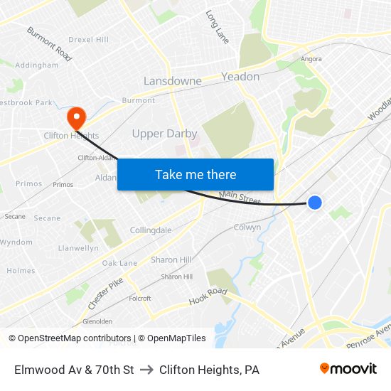 Elmwood Av & 70th St to Clifton Heights, PA map