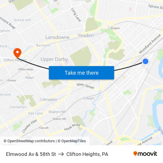 Elmwood Av & 58th St to Clifton Heights, PA map