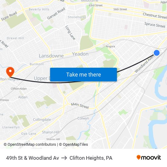 49th St & Woodland Av to Clifton Heights, PA map
