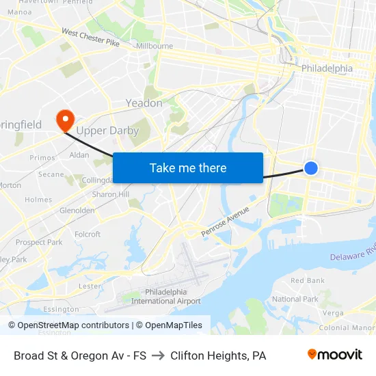 Broad St & Oregon Av - FS to Clifton Heights, PA map