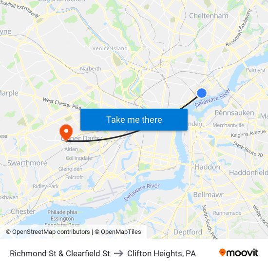 Richmond St & Clearfield St to Clifton Heights, PA map