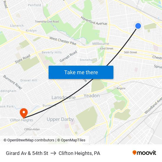 Girard Av & 54th St to Clifton Heights, PA map