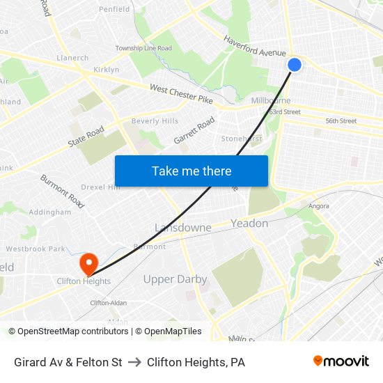 Girard Av & Felton St to Clifton Heights, PA map