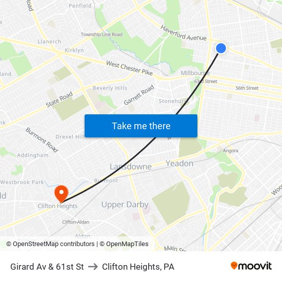 Girard Av & 61st St to Clifton Heights, PA map