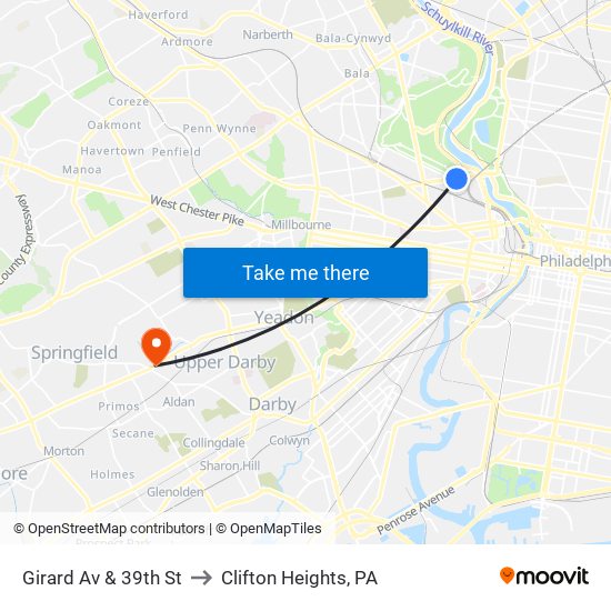 Girard Av & 39th St to Clifton Heights, PA map