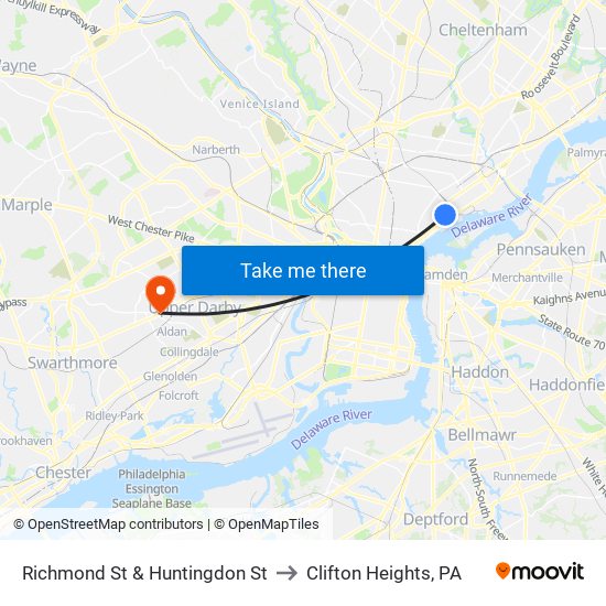 Richmond St & Huntingdon St to Clifton Heights, PA map
