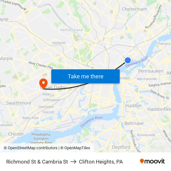 Richmond St & Cambria St to Clifton Heights, PA map