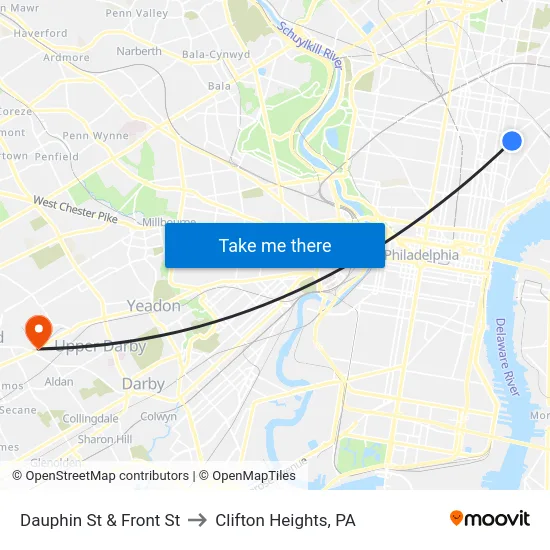 Dauphin St & Front St to Clifton Heights, PA map