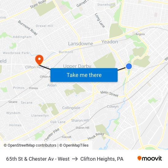 65th St & Chester Av - West to Clifton Heights, PA map