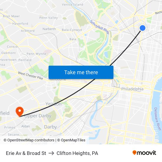 Erie Av & Broad St to Clifton Heights, PA map