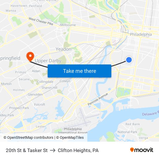 20th St & Tasker St to Clifton Heights, PA map