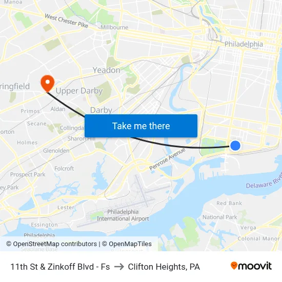 11th St & Zinkoff Blvd - Fs to Clifton Heights, PA map