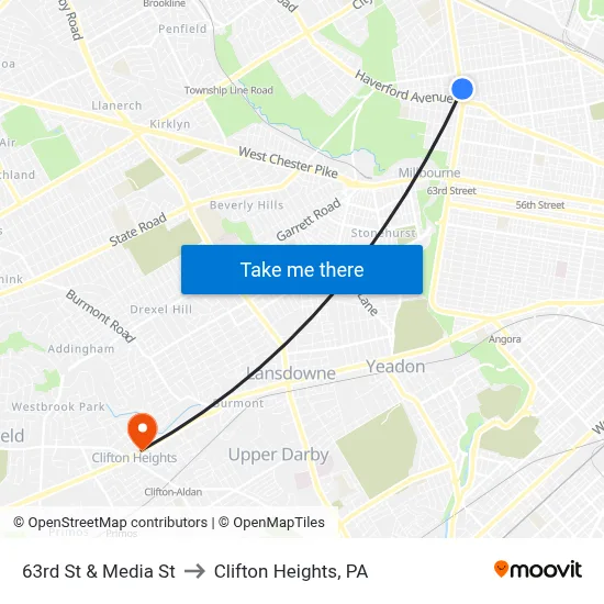 63rd St & Media St to Clifton Heights, PA map