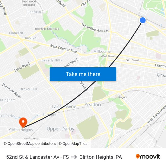 52nd St & Lancaster Av - FS to Clifton Heights, PA map