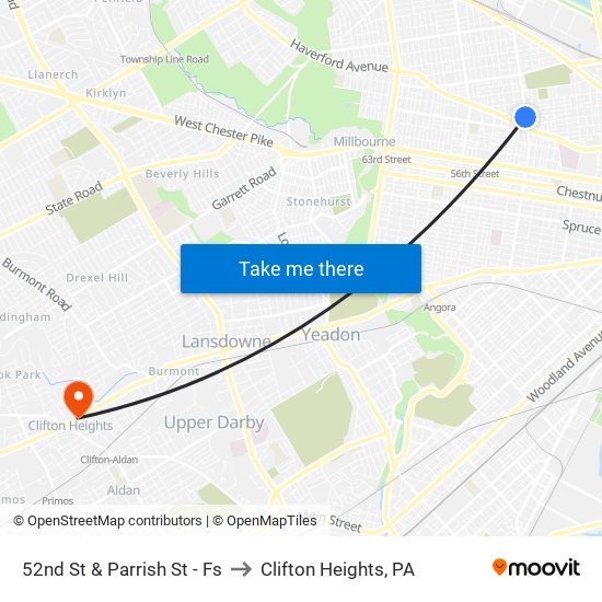 52nd St & Parrish St - Fs to Clifton Heights, PA map