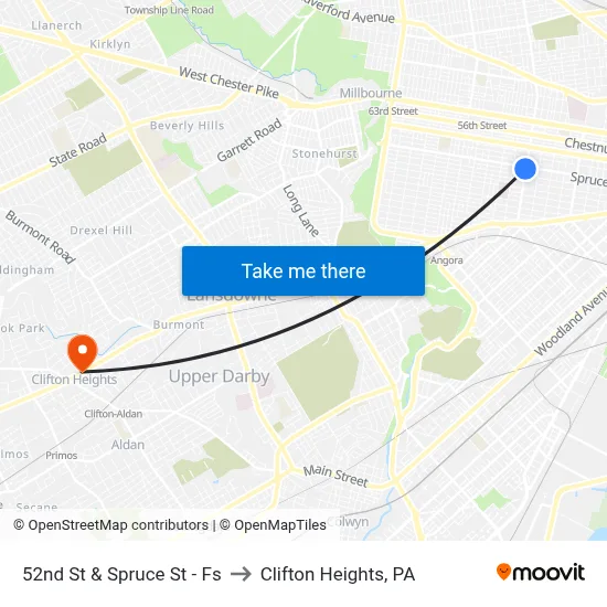52nd St & Spruce St - Fs to Clifton Heights, PA map