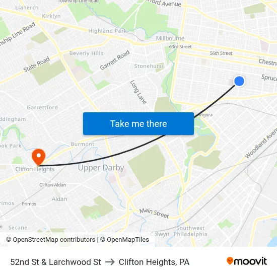 52nd St & Larchwood St to Clifton Heights, PA map