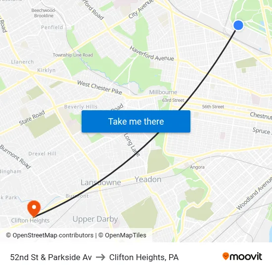 52nd St & Parkside Av to Clifton Heights, PA map